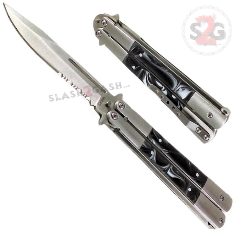 Marble Butterfly Knife Pearl Swirl Serrated Balisong - Black
