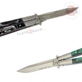 Black Marble Butterfly Knife Green Pearl Swirl Serrated Balisong Acrylic Inserts