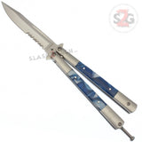 Marble Butterfly Knife Pearl Swirl Serrated Balisong - Blue Acrylic w/ Pocket Clip