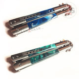 Marble Butterfly Knife Pearl Swirl Serrated Balisong - Blue Acrylic w/ Pocket Clip
