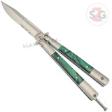 Marble Butterfly Knife Pearl Swirl Serrated Balisong - Green Acrylic w/ Clip