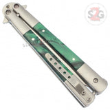 Marble Butterfly Knife Pearl Swirl Serrated Balisong - Green Acrylic w/ Clip