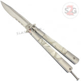Marble Butterfly Knife Pearl Swirl Serrated Balisong - White Acrylic w/ Clip