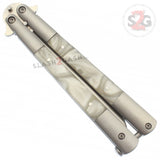 White Marble Butterfly Knife Pearl Swirl Balisong - Plain Edge w/ Clip and Sheath