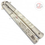 Marble Butterfly Knife Pearl Swirl Serrated Balisong - White Acrylic w/ Clip