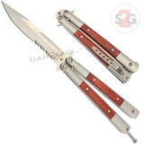 Rosewood Butterfly Knife Serrated Balisong Red Wood Inserts w/ Belt Clip