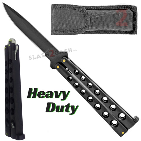 Heavy Duty Classic Butterfly Knife Thick 7 Hole Balisong - All Black Plain