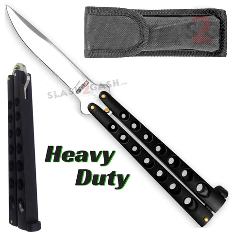 Heavy Duty Classic Butterfly Knife Thick 7 Hole Balisong - Black Plain Silver Blade