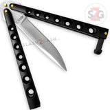 Heavy Duty Classic Butterfly Knife Thick 7 Hole Balisong - Black Plain Silver Blade