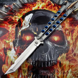 TheONE Butterfly Knife 440C Tanto Blue Holes Balisong Channel Construction Best Version Spring Latch