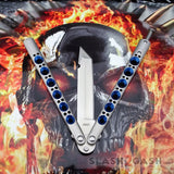The ONE Butterfly Knife Balisong Tanto Halo Blue Holes Channel Construction Best Version Spring Latch w/ BUSHINGS