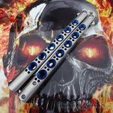 TheONE Butterfly Knife with BUSHINGS 440C Channel Balisong - Satin 42 with Blue Holes and Spring Latch