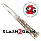 Riveted Premium Silver Butterfly Knife HEAVY Taiwan Serrated Balisong 4mm Blade Champagne