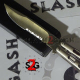 Riveted Premium Silver Butterfly Knife HEAVY Taiwan Serrated Balisong 4mm Blade Champagne