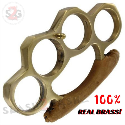 100% Real Brass Knuckles Belt Buckle With Leather Padding Heavy Duty Paperweight S2G Slash2Gash