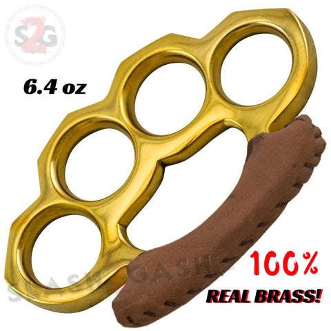 100% Real Brass Knuckles - 6.4 oz Solid Paperweight w/ Leather Knucks Duster