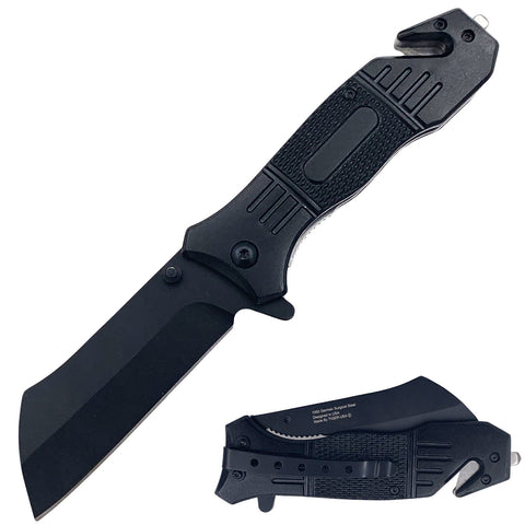 Black Action Liner Lock Cleaver Blade Spring Assisted Folding Pocket Knife w/ Glass Breaker and Seatbelt Cutter