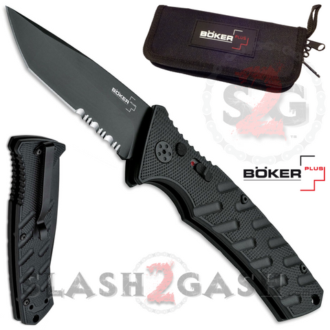 Boker Plus Strike Automatic Knife Black - Tanto Serrated Switchblade w/ Carry Case slash2gash S2G