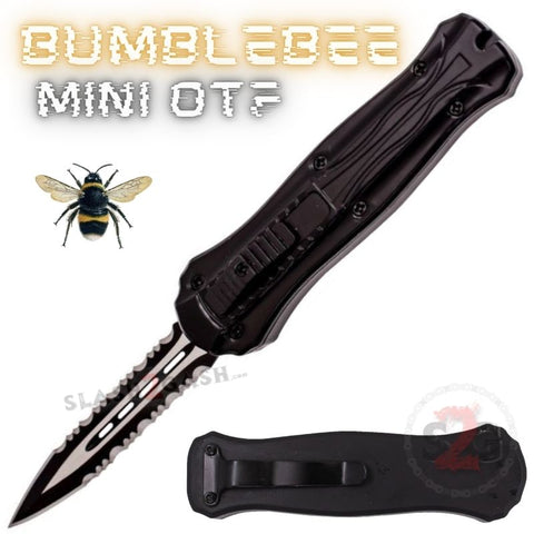 Black Mini Out The Front Knife Small Automatic Switchblade Knives California Legal - Dagger Serrated Bumble Bee