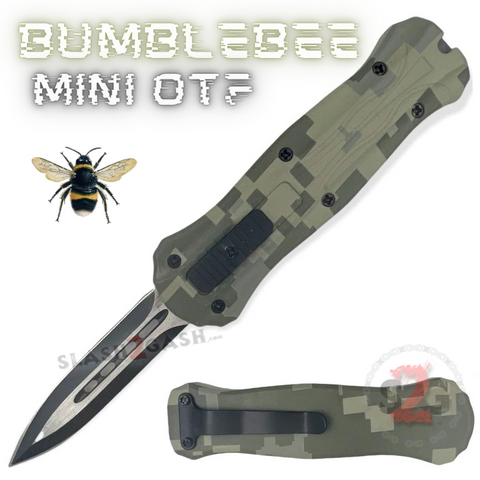 Digital Green Camo Mini Out The Front Knife Small Automatic Switchblade Knives California Legal - Dagger Bumble Bee