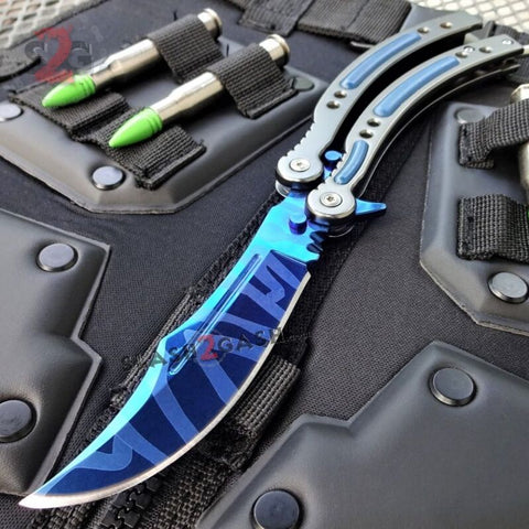 CSGO Blue Slaughter Butterfly Knife SHARP 440C Counter Strike Grey Balisong