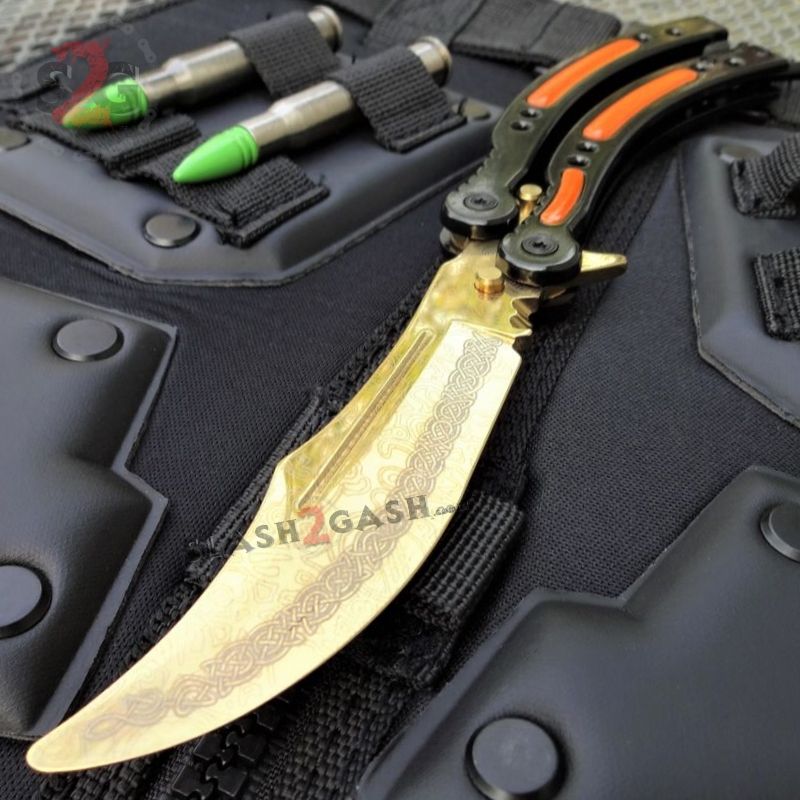 CSGO Lore Butterfly Knife Gold & Orange TRAINER Dull PRACTICE Balisong ...