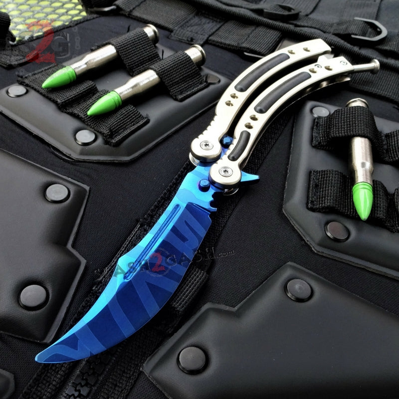 CSGO Blue Slaughter Butterfly Knife TRAINER Dull PRACTICE Balisong SL ...