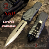 Carbon Fiber OTF Knife D/A Switchblade - REAL Layered Damascus - Delta Force Automatic Knives Dagger Plain Slash2gash S2G