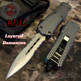 Real Damascus OTF Knife Carbon Fiber D/A Switchblade - Delta Force Automatic Knives - Dagger Serrated Slash2gash S2G