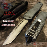 Real Damascus OTF Knife Carbon Fiber D/A Switchblade - Delta Force Automatic Knives Tanto Serrated