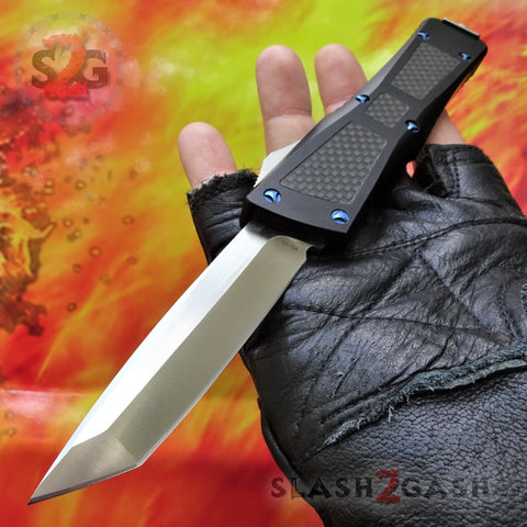 Dark Knight VG-10 OTF Knife CNC T6061 w/ Carbon Fiber Blue Screws - Tanto Automatic Switchblade - Delta Force Knives