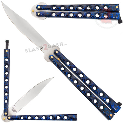 Classic Economy Butterfly Knife Stainless Steel Balisong 7 Hole w/ Rivets - Marble Blue