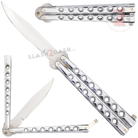 Classic Economy Butterfly Knife Stainless Steel Balisong 7 Hole w/ Rivets - Shiny Silver