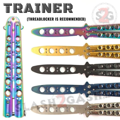 Classic Balisong Trainer 6 Hole Butterfly Knife Training Practice (Sandwich) dull - Black Blue Gold Rainbow Chrome