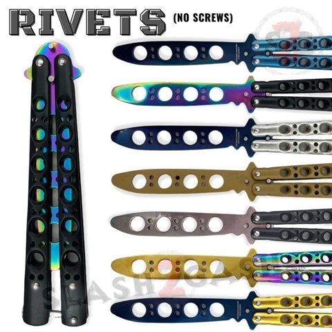 Classic Balisong Trainer 6 Hole Butterfly Knife Training Practice (RIVETED) dull - Black Blue Gold Rainbow Chrome Tan