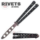 Classic Balisong Trainer 6 Hole Butterfly Knife Training Practice (RIVETED) dull - Black and Silver Sandwich