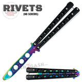 Classic Balisong Trainer 6 Hole Butterfly Knife Training Practice (RIVETED) dull - Black and Rainbow Sandwich