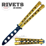 Classic Balisong Trainer 6 Hole Butterfly Knife Training Practice (RIVETED) dull - Gold and Blue Sandwich