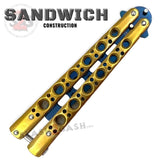 Classic Balisong Trainer 6 Hole Butterfly Knife Training Practice (RIVETED) dull - Gold and Blue Sandwich