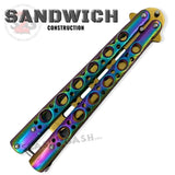 Classic Balisong Trainer 6 Hole Butterfly Knife Training Practice (RIVETED) dull - Rainbow and Gold Sandwich