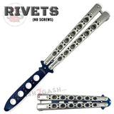 Classic Balisong Trainer 6 Hole Butterfly Knife Training Practice (RIVETED) dull - Silver and Blue Sandwich
