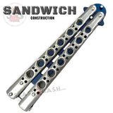 Classic Balisong Trainer 6 Hole Butterfly Knife Training Practice (RIVETED) dull - Silver and Blue Sandwich