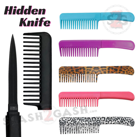 Hidden Comb Knife Self Defense Detachable Blade Concealed Dagger Double Edge - Black, Pink, Purple, Teal, Salmon, Snow Leopard, Leopard, Pink Camo, Purple Camo