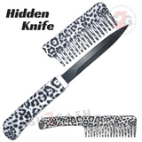 Hidden Comb Knife Self Defense Detachable Blade Concealed Dagger Double Edge - Black White Camo Snow Leopard