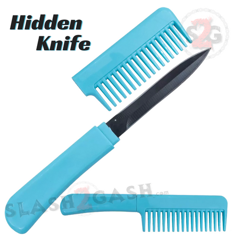 Hidden Comb Knife Self Defense Detachable Blade Concealed Dagger Double Edge - Teal, Light Blue