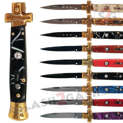 Golden Cross Stiletto Automatic Knife Classic Italian Switchblade - Black Marble Pearl Acrylic Wood 9 Colors