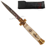 Golden Cross Stiletto Automatic Knife Classic Switchblade - White Marble Pearl Acrylic