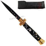 Golden Cross Stiletto Automatic Knife Classic Switchblade - Black Marble Pearl Acrylic
