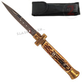 Golden Cross Stiletto Automatic Knife Classic Switchblade - Faux Stag Horn