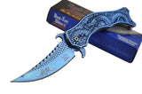 Dragon Blue Mirror Spring Assisted Knife w/ 3D Engraved Scales Dark Side